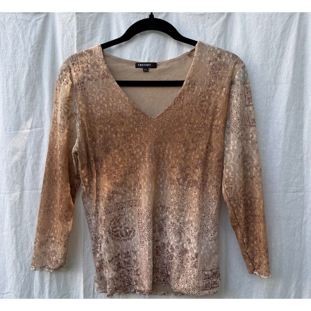 Vintage Therapy Brown Mesh Patchwork Long-Sleeve Top | Size XL